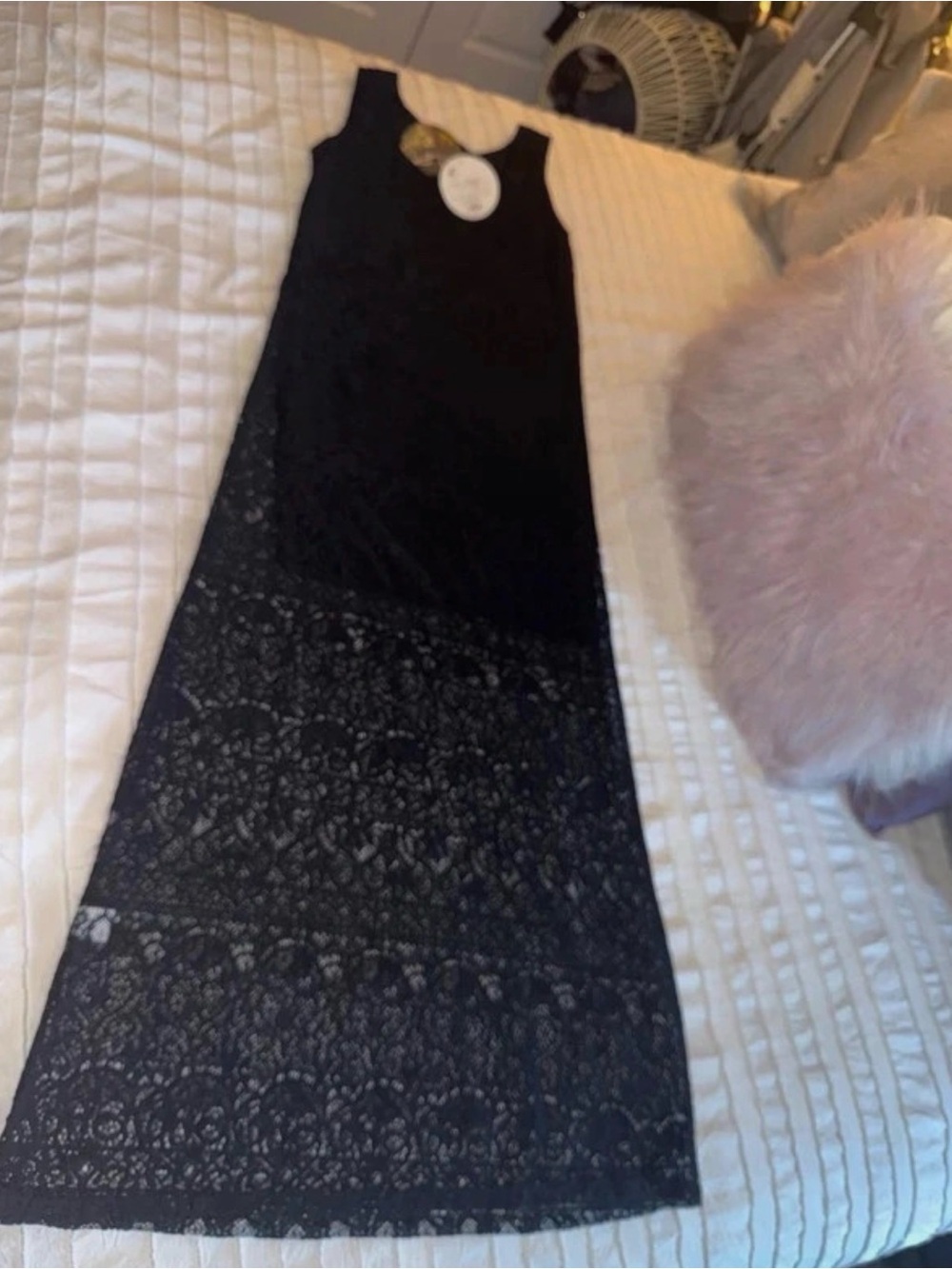 Sleeveless Black Lace Maxi Dress with Sheer Skirt M 8/10